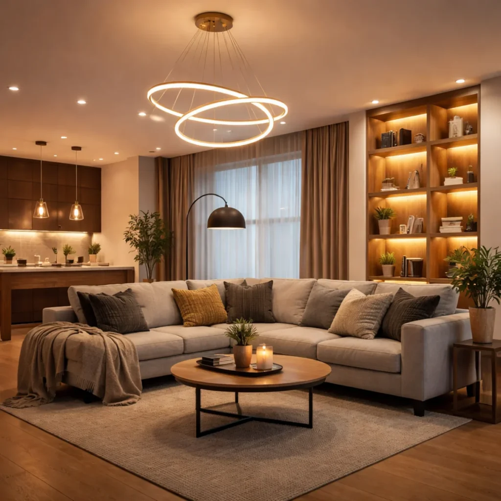 Nowoczesny salon z warstwowym oświetleniem, lampa sufitowa LED i strefowe światło do relaksu