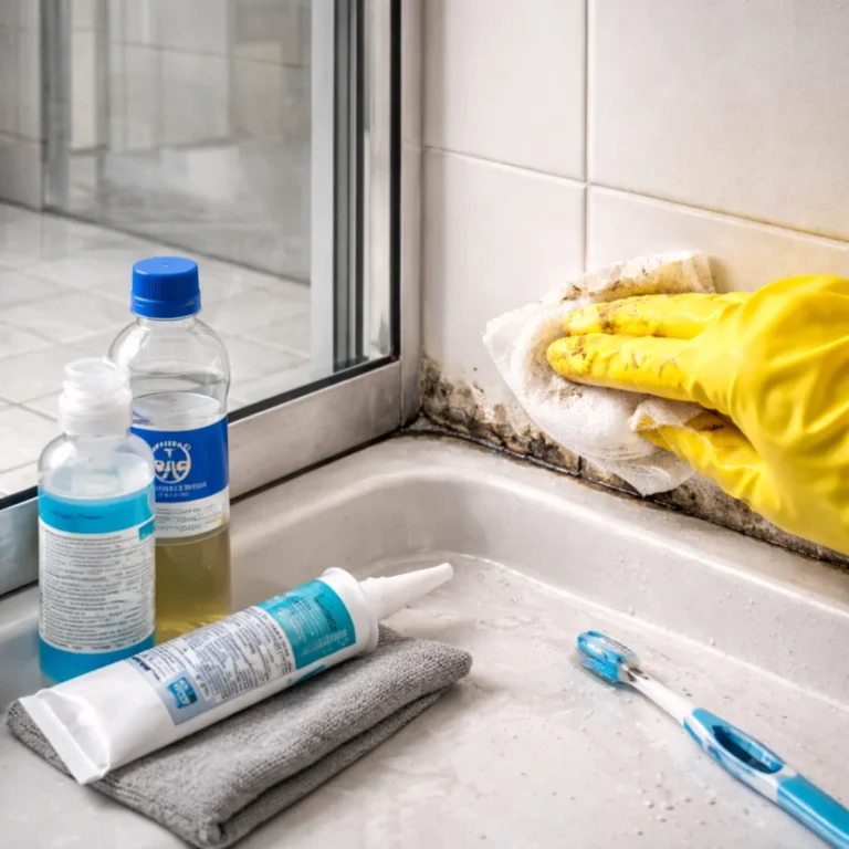 Czyszczenie czarnej pleśni z silikonu w kabinie prysznicowej – zbliżenie na narożnik i środki do czyszczenia