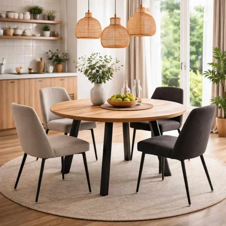 Okrągły stół drewniany w salonie z kuchnią w tle – pomysł jak wybrać stół do salonu w małym wnętrzu