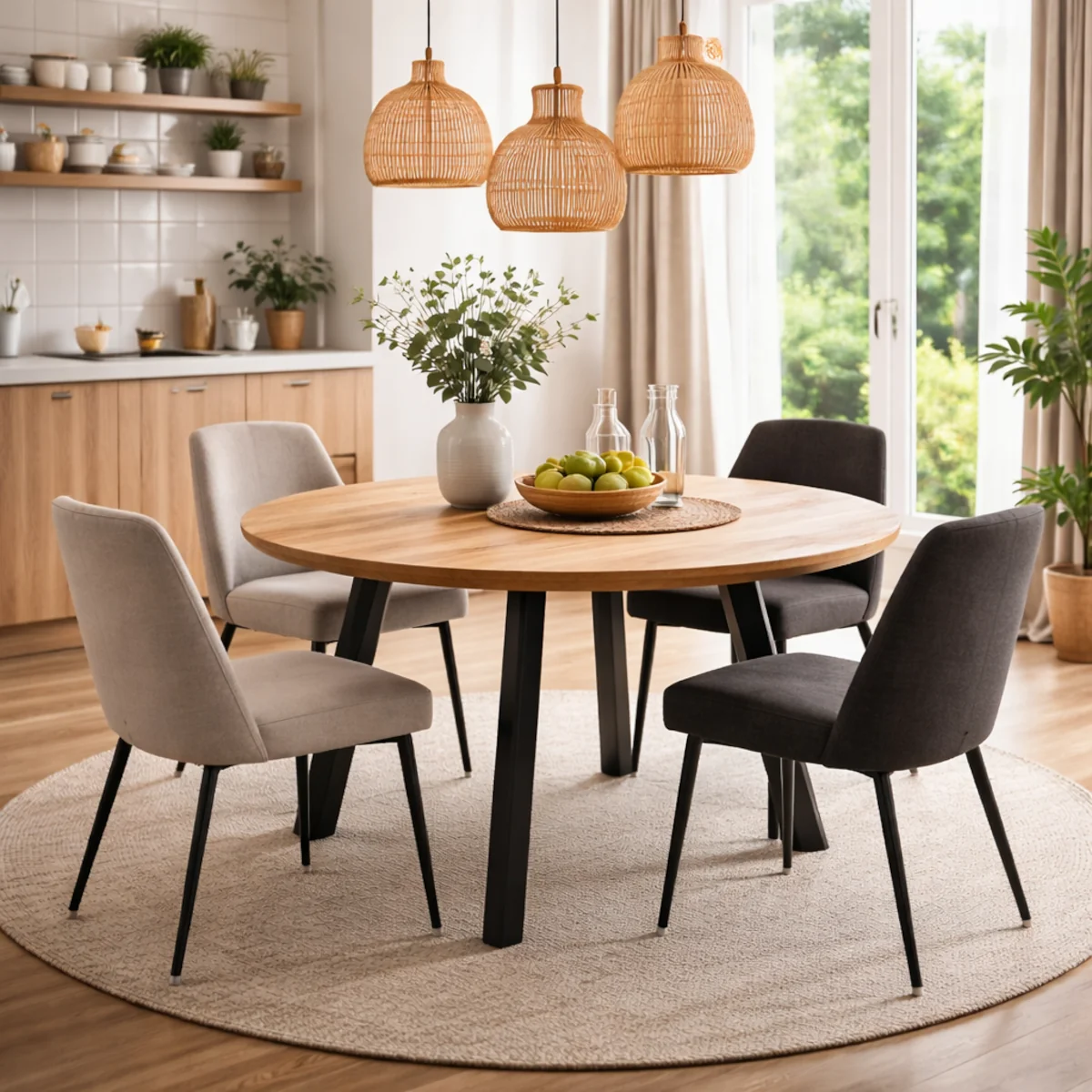 Okrągły stół drewniany w salonie z kuchnią w tle – pomysł jak wybrać stół do salonu w małym wnętrzu