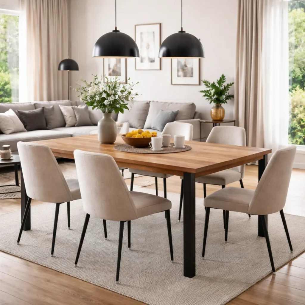 Nowoczesny salon z prostokątnym drewnianym stołem i tapicerowanymi krzesłami – inspiracja jak wybrać stół do salonu