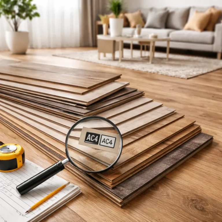Klasa ścieralności paneli – próbki paneli podłogowych i oznaczenie AC4 w zbliżeniu