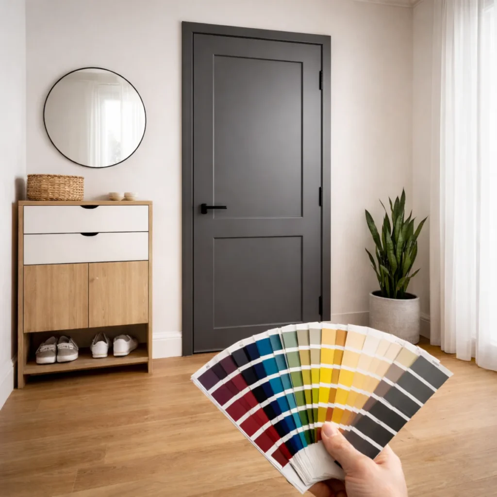 Drzwi wewnętrzne w ciemnym kolorze RAL w mieszkaniu i próbnik kolorów RAL w dłoni