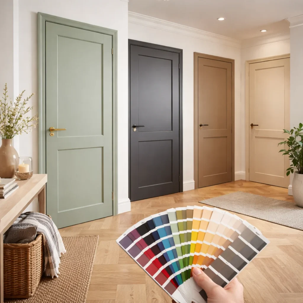 Kolory RAL w stolarce – drzwi wewnętrzne w różnych odcieniach i próbnik kolorów w dłoni