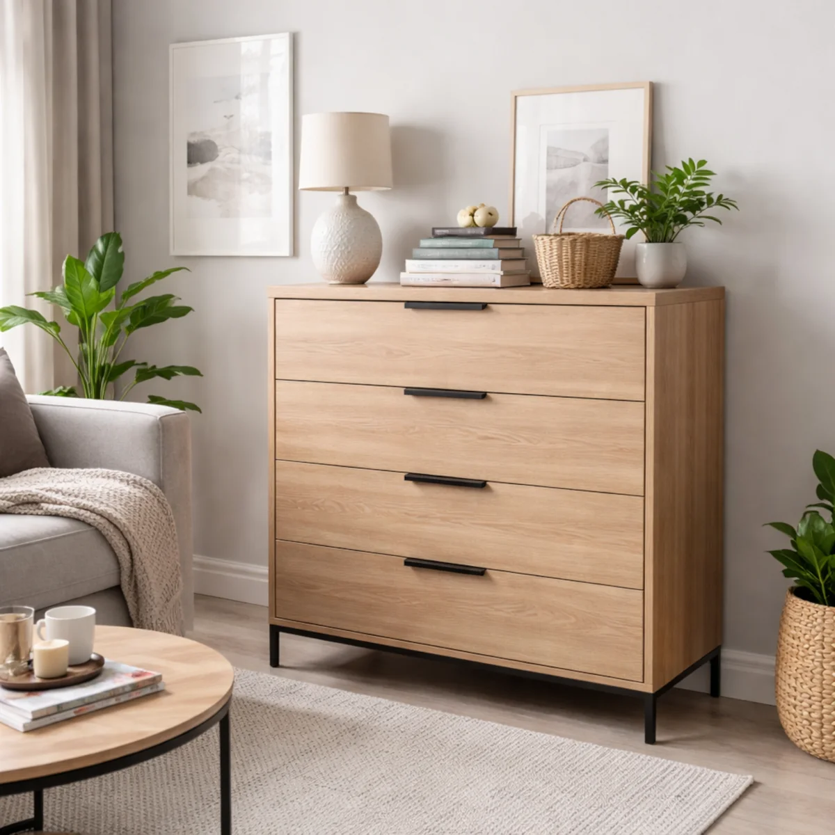 Komoda z szufladami w małym salonie – jasne drewno i porządek
