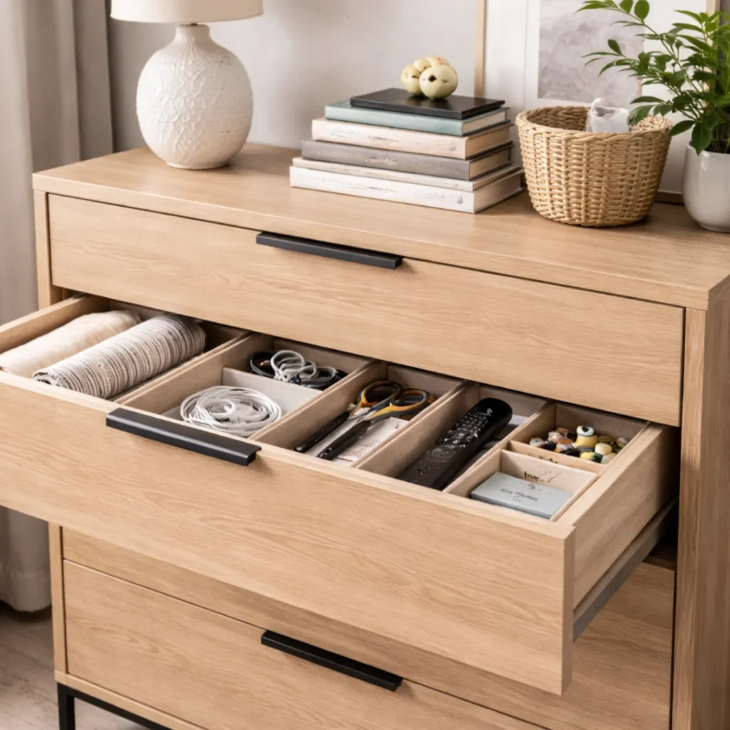 Wysunięta szuflada komody – organizacja przechowywania w salonie