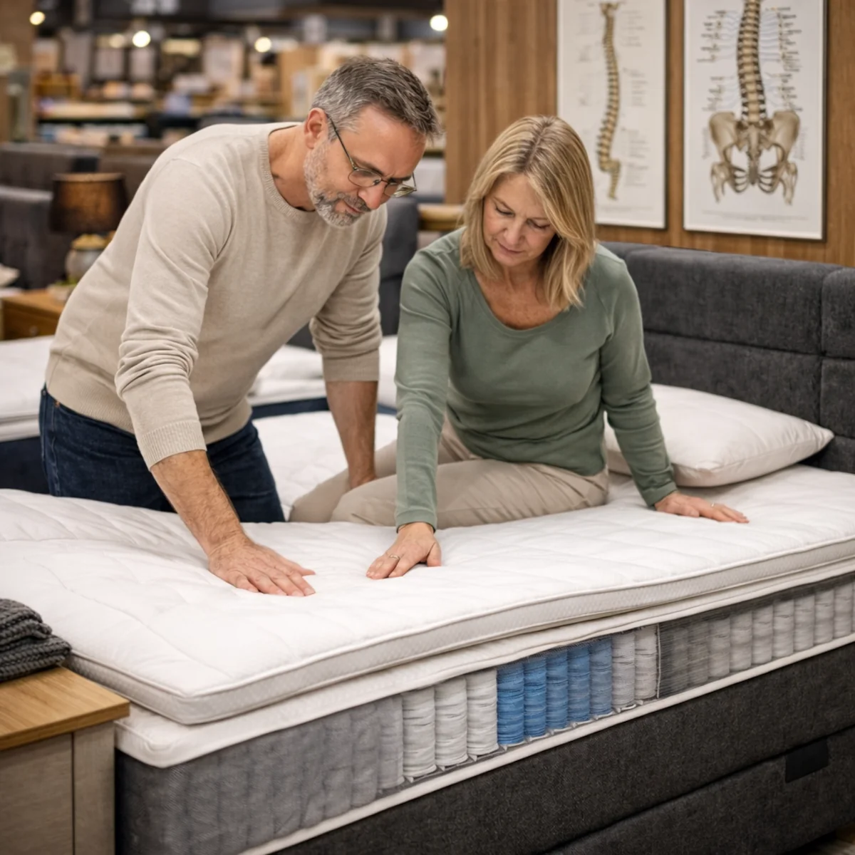 Para sprawdza łóżko kontynentalne w salonie meblowym, ocenia sprężystość materaca i topper