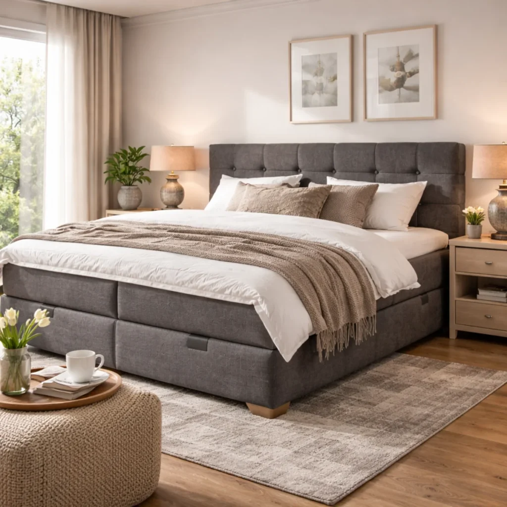 Sypialnia z szerokim łóżkiem kontynentalnym w domu, jasna aranżacja i miękka pościel