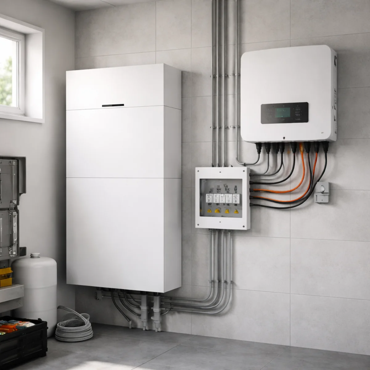 Magazyn energii w domu jednorodzinnym obok falownika hybrydowego i rozdzielni elektrycznej w pomieszczeniu technicznym