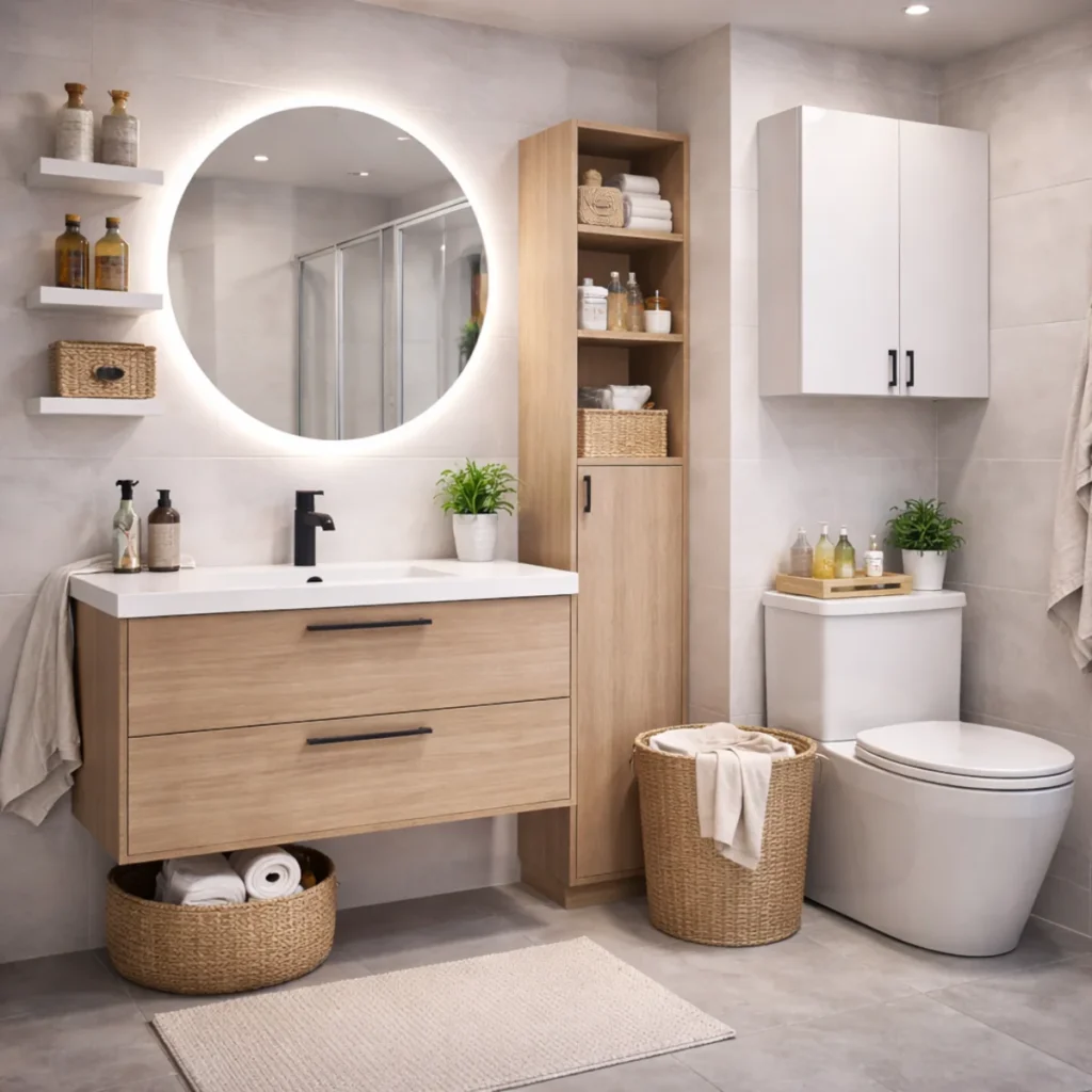 Meble łazienkowe do małej łazienki – szafka z szufladami, okrągłe lustro LED i zabudowa nad WC