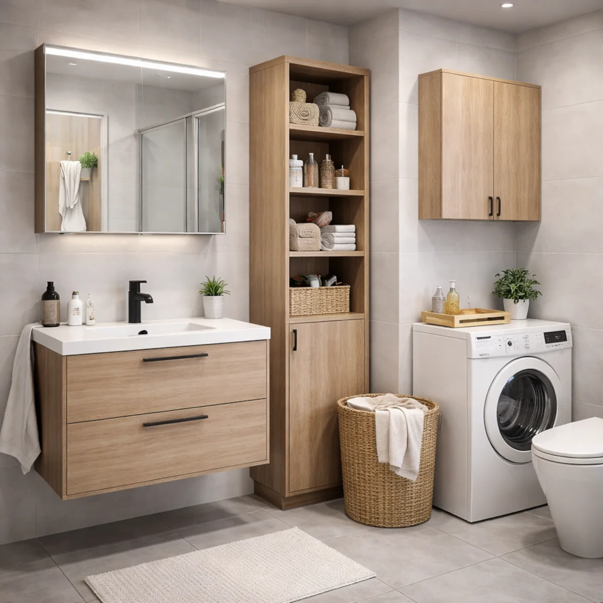Meble łazienkowe do małej łazienki – wisząca szafka pod umywalkę, słupek i pralka w jasnej aranżacji