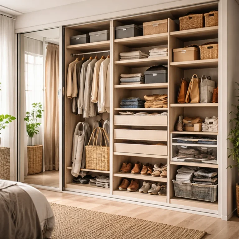 Modułowa szafa do małego mieszkania z drzwiami przesuwnymi i organizacją półek, szuflad oraz stref na buty i ubrania