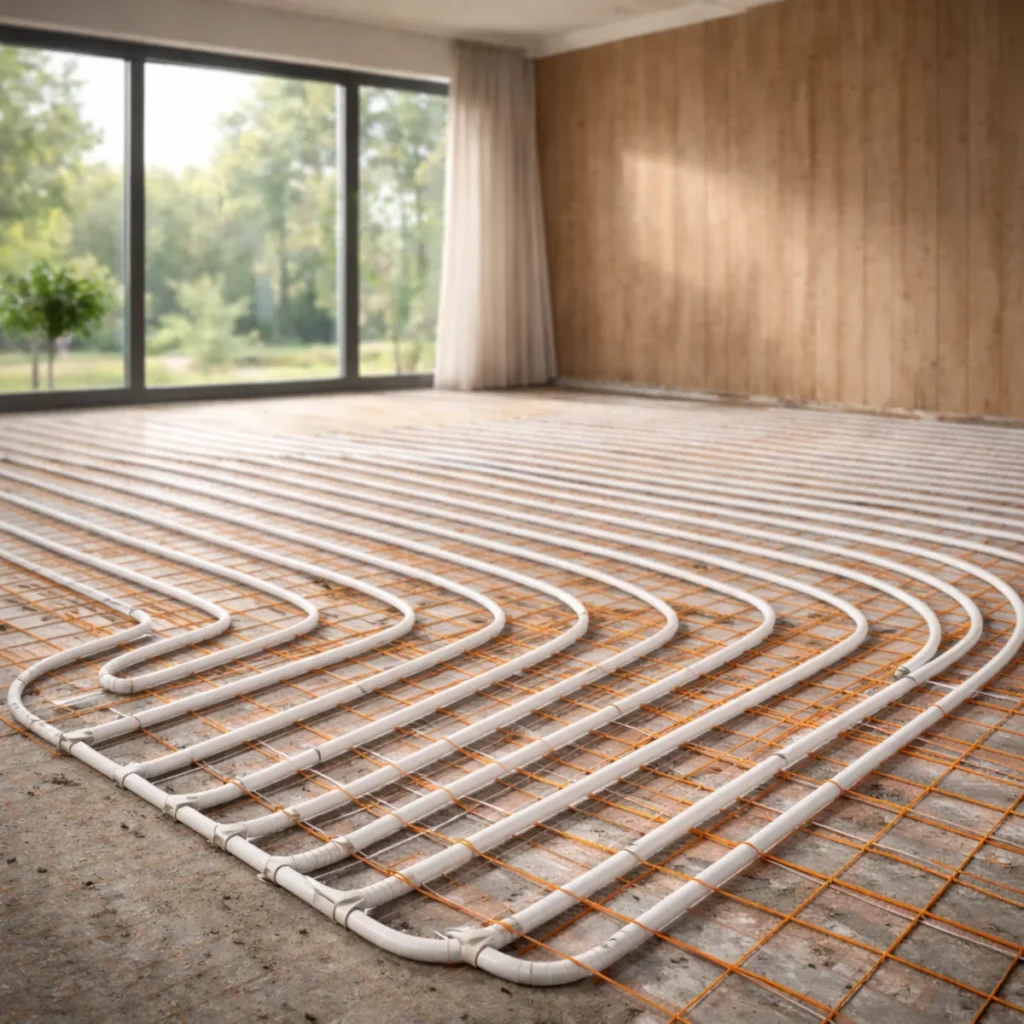 Montaż ogrzewania podłogowego w salonie – ułożone pętle rur na izolacji