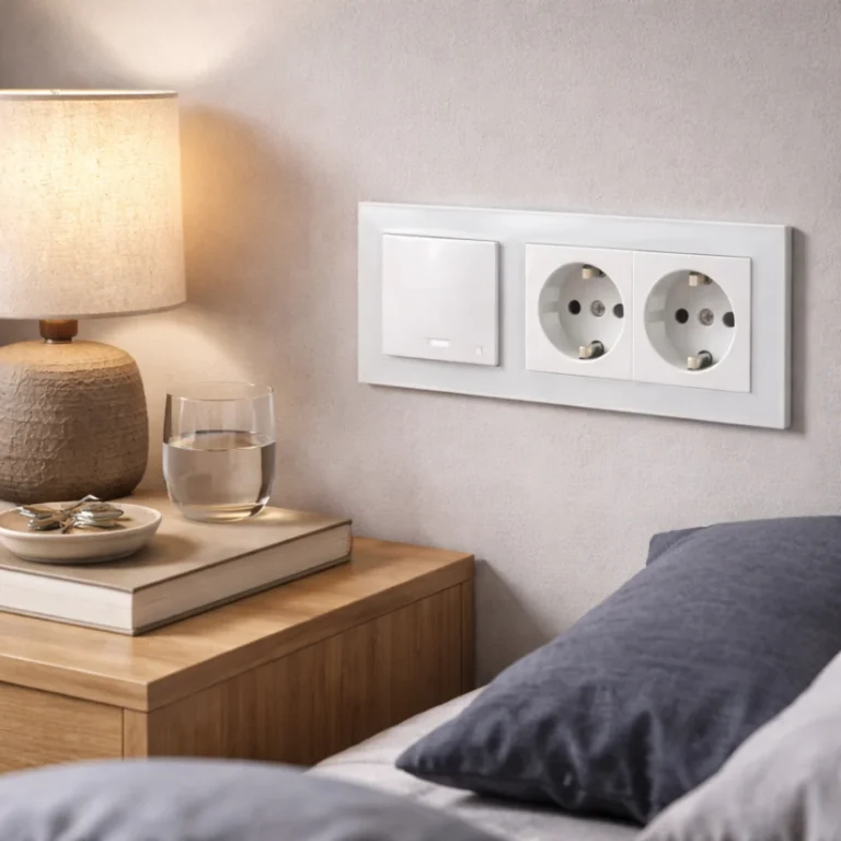 Włącznik światła i gniazdko w sypialni na jednej ramce – praktyczne okablowanie elektryczne w mieszkaniu