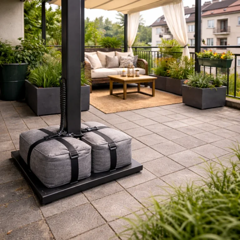 Pergola na balkon bez wiercenia w bloku – aranżacja tarasu na płytkach, sofa rattanowa i donice z zielenią