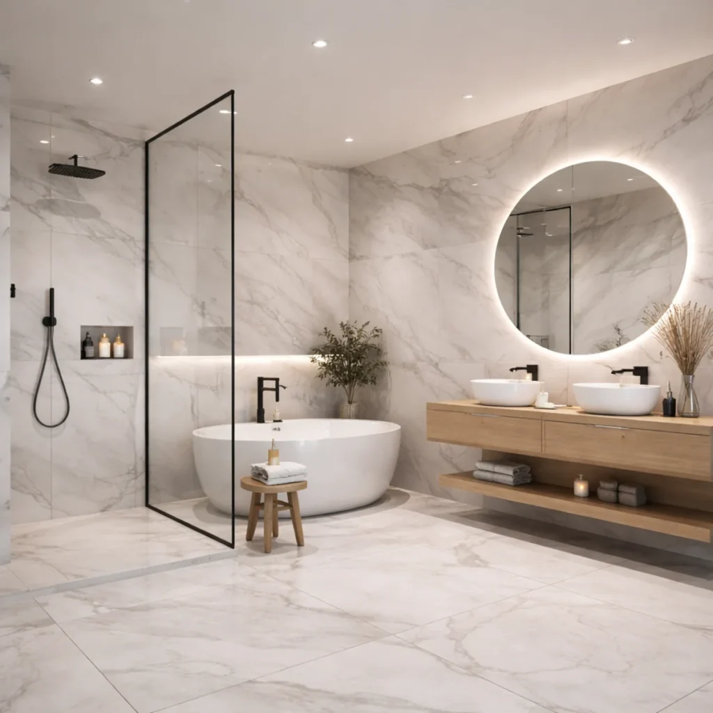Płytki wielkoformatowe w łazience w jasnym marmurowym wzorze, wanna wolnostojąca i prysznic walk-in