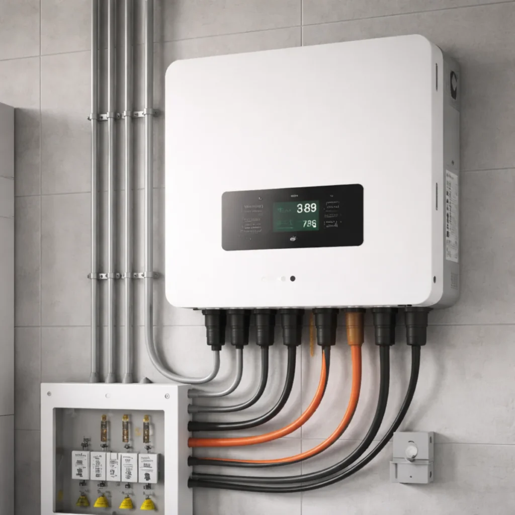 Zbliżenie na pompę ciepła w pomieszczeniu technicznym domu z instalacją fotowoltaiki i magazynem energii