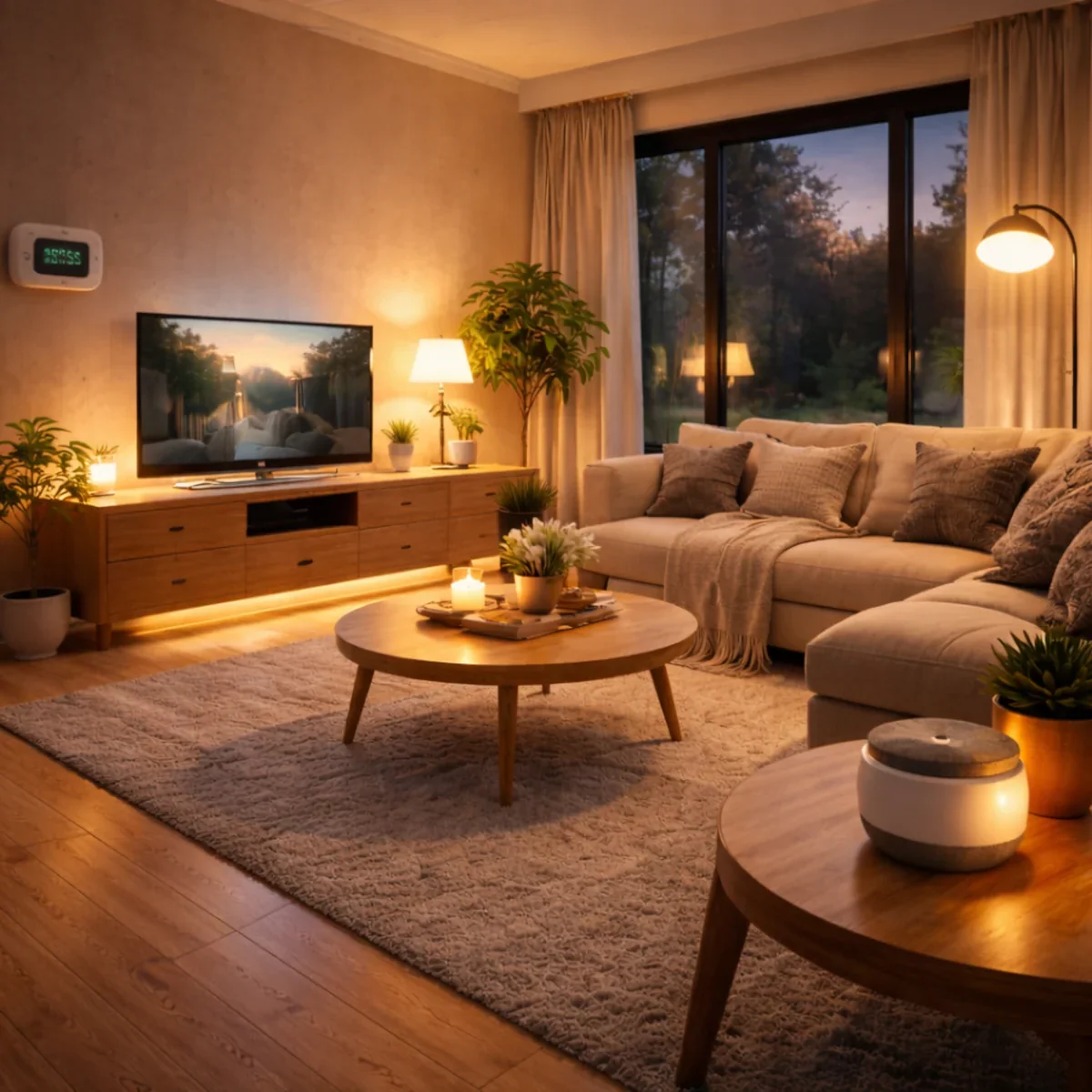 Przytulny salon z ciepłym oświetleniem LED i nowoczesną aranżacją smart home