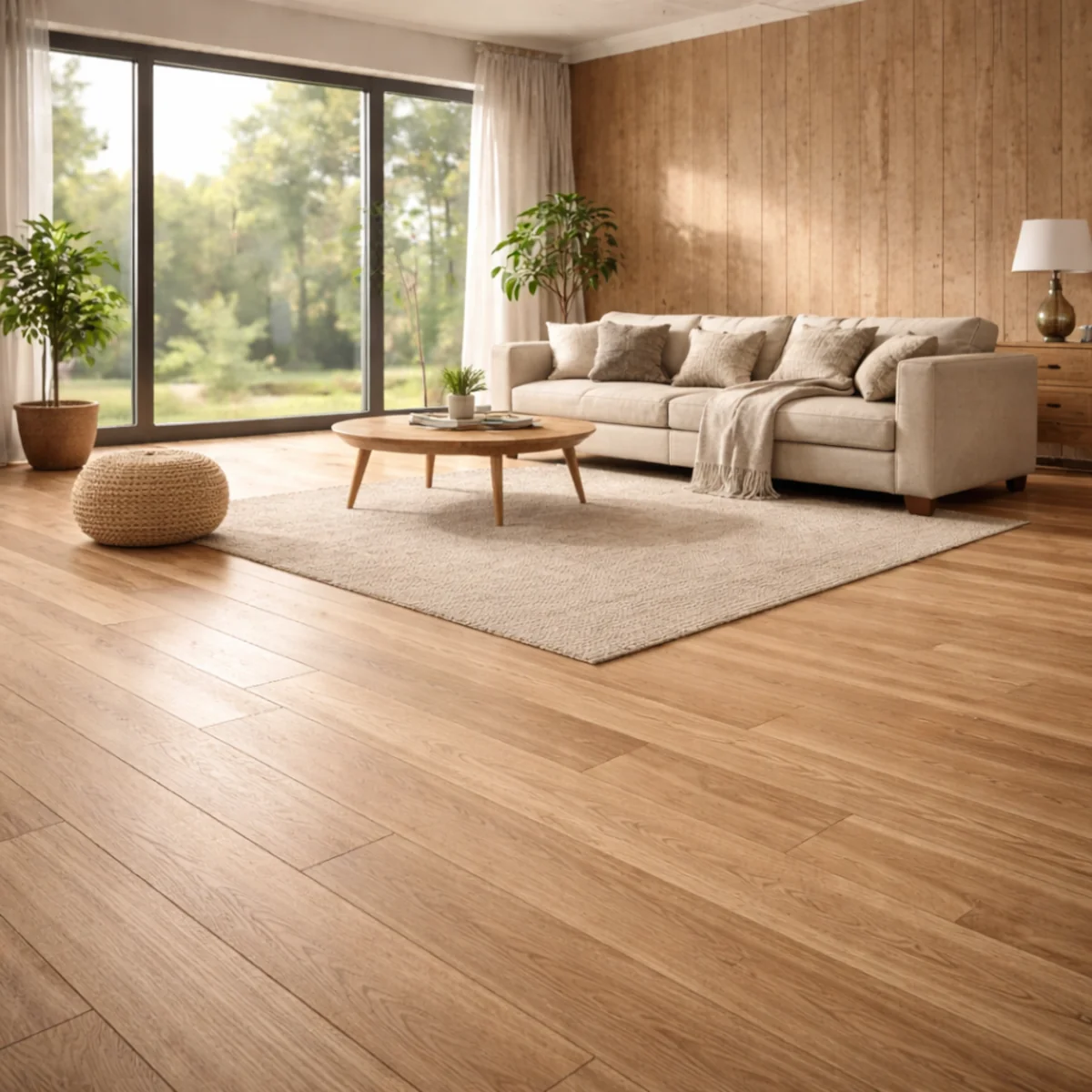 Gotowy salon z drewnianą podłogą na ogrzewaniu podłogowym i jasną aranżacją