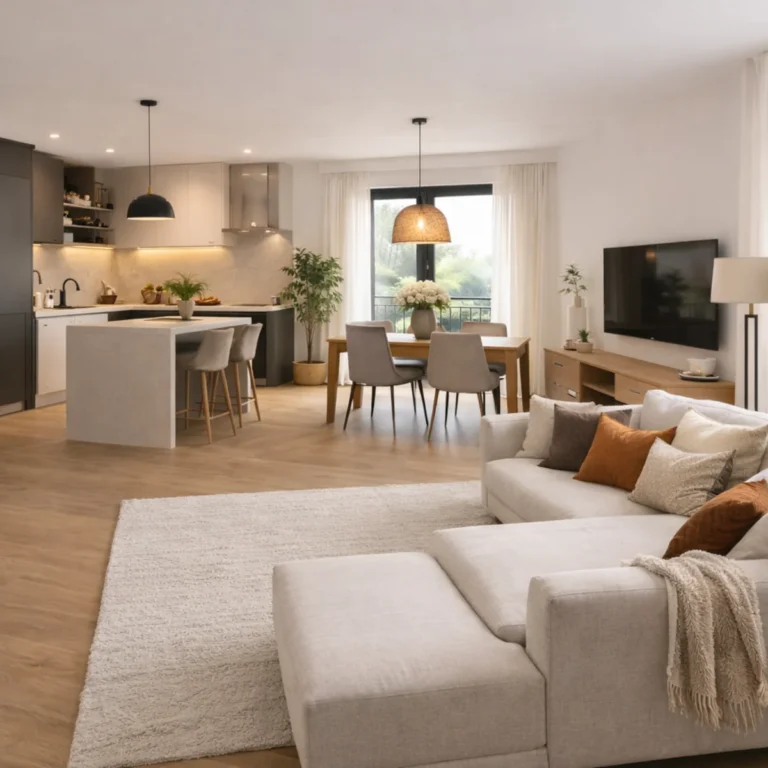 Nowoczesny salon z kuchnią i jadalnią, widok z części wypoczynkowej na wyspę kuchenną i stół, telewizor na ścianie