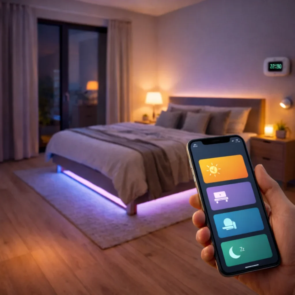 Sypialnia z oświetleniem LED sterowanym scenami smart home w aplikacji na telefonie