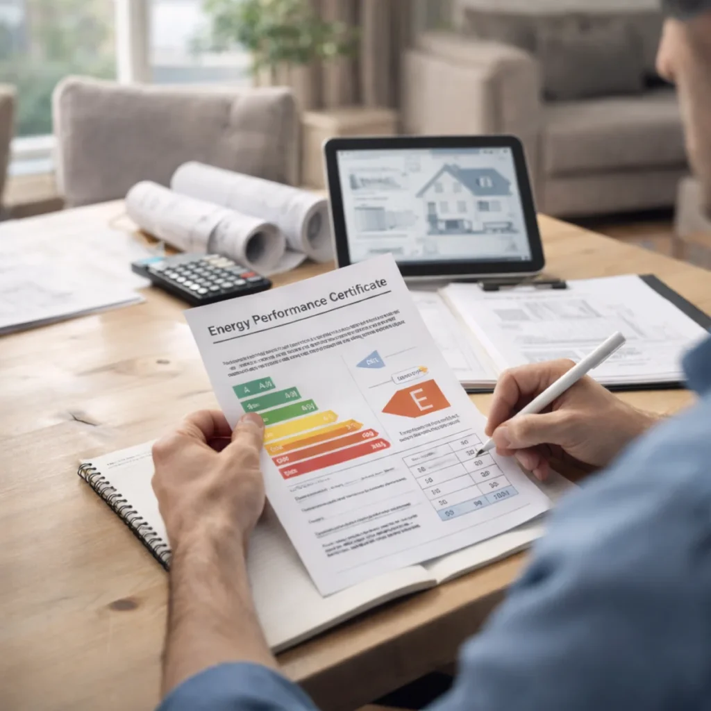 Świadectwo energetyczne a audyt – analiza dokumentu i notatki przy stole podczas oceny zużycia energii domu