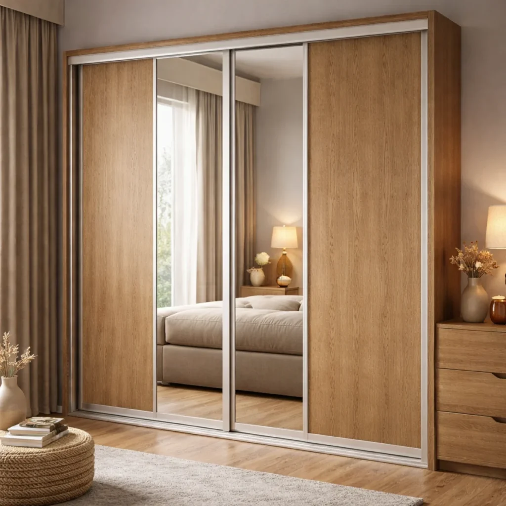 Zamknięta szafa przesuwna w zabudowie, dębowy dekor i aluminiowe prowadnice oraz dodatki do szafy