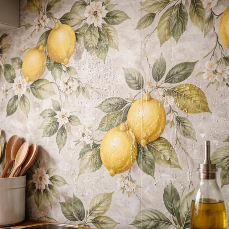 Tapeta zmywalna do kuchni nad blatem – wzór w cytryny i liście w nowoczesnej kuchn