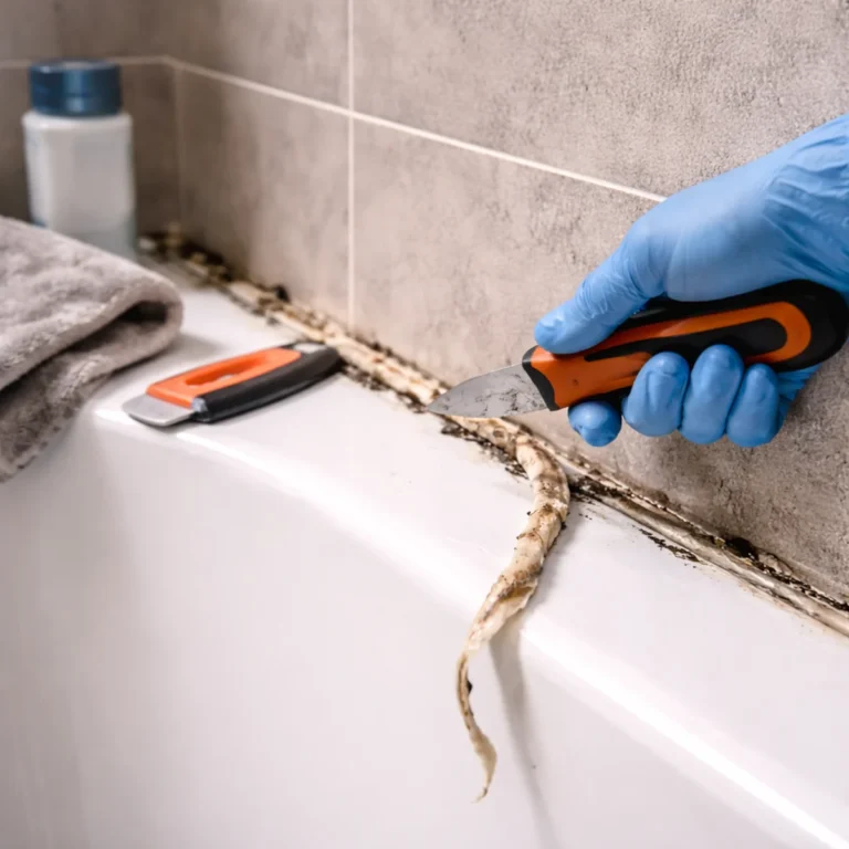 Wymiana silikonu w łazience – usuwanie starego silikonu przy wannie nożykiem i skrobakiem, czyszczenie szczeliny przed nowym uszczelnieniem