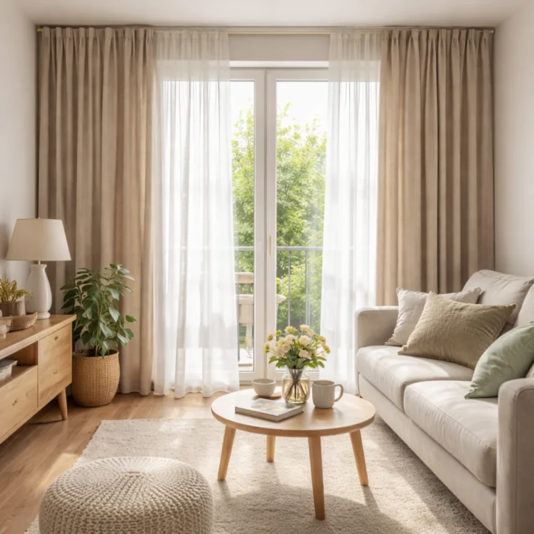 Zasłony do małego salonu w jasnych kolorach – lekkie tkaniny i firana przy dużym oknie
