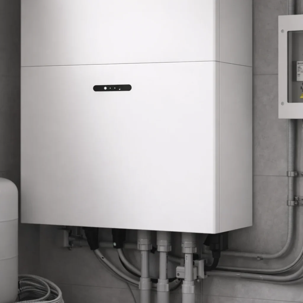 Zbliżenie na domowy magazyn energii zamontowany na ścianie w pomieszczeniu technicznym z widocznymi przewodami zasilającymi