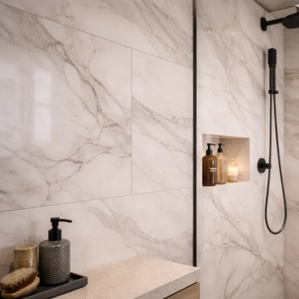 Zbliżenie na płytki wielkoformatowe w łazience – delikatne użylenie i wąska fuga