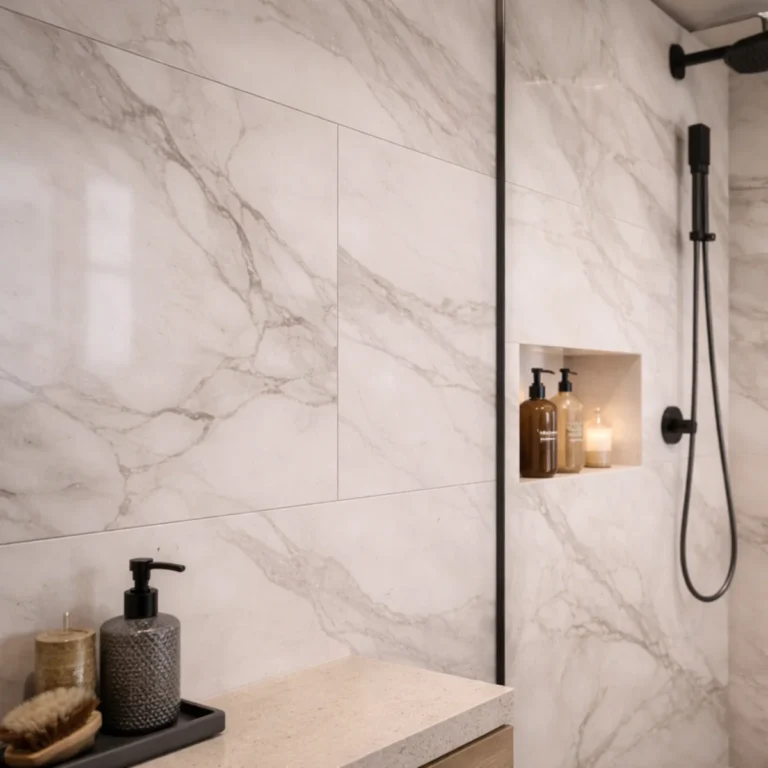 Zbliżenie na płytki wielkoformatowe w łazience – delikatne użylenie i wąska fuga