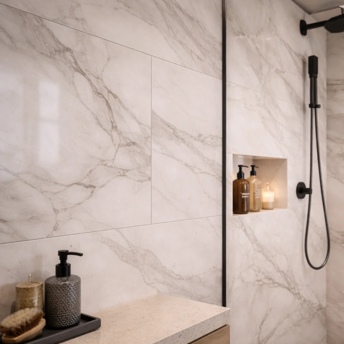 Zbliżenie na płytki wielkoformatowe w łazience – delikatne użylenie i wąska fuga