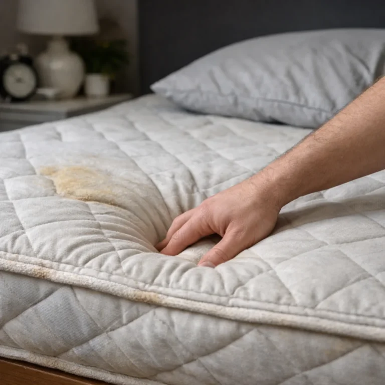 Zużyty materac z widocznym wgnieceniem – test nacisku dłonią, sygnał że czas na wymianę