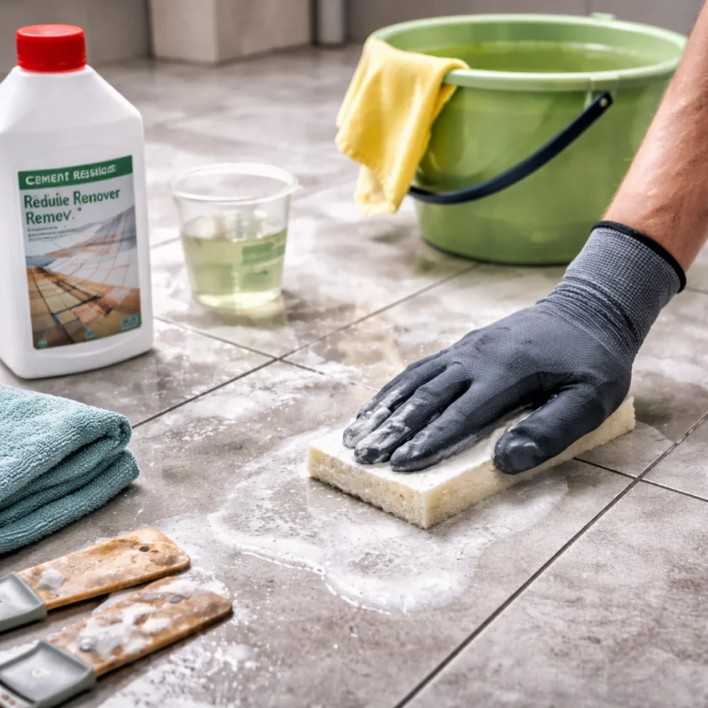 Czyszczenie gresu po remoncie: mikrofibra i mop na płytkach z delikatnym nalotem po fugowaniu