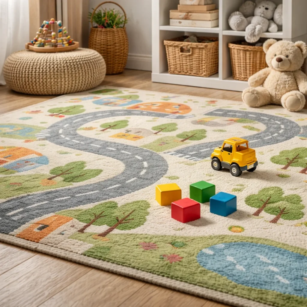 Dywan dziecięcy w pokoju dziecka – zbliżenie na wzór i krótkie runo, łatwe czyszczenie