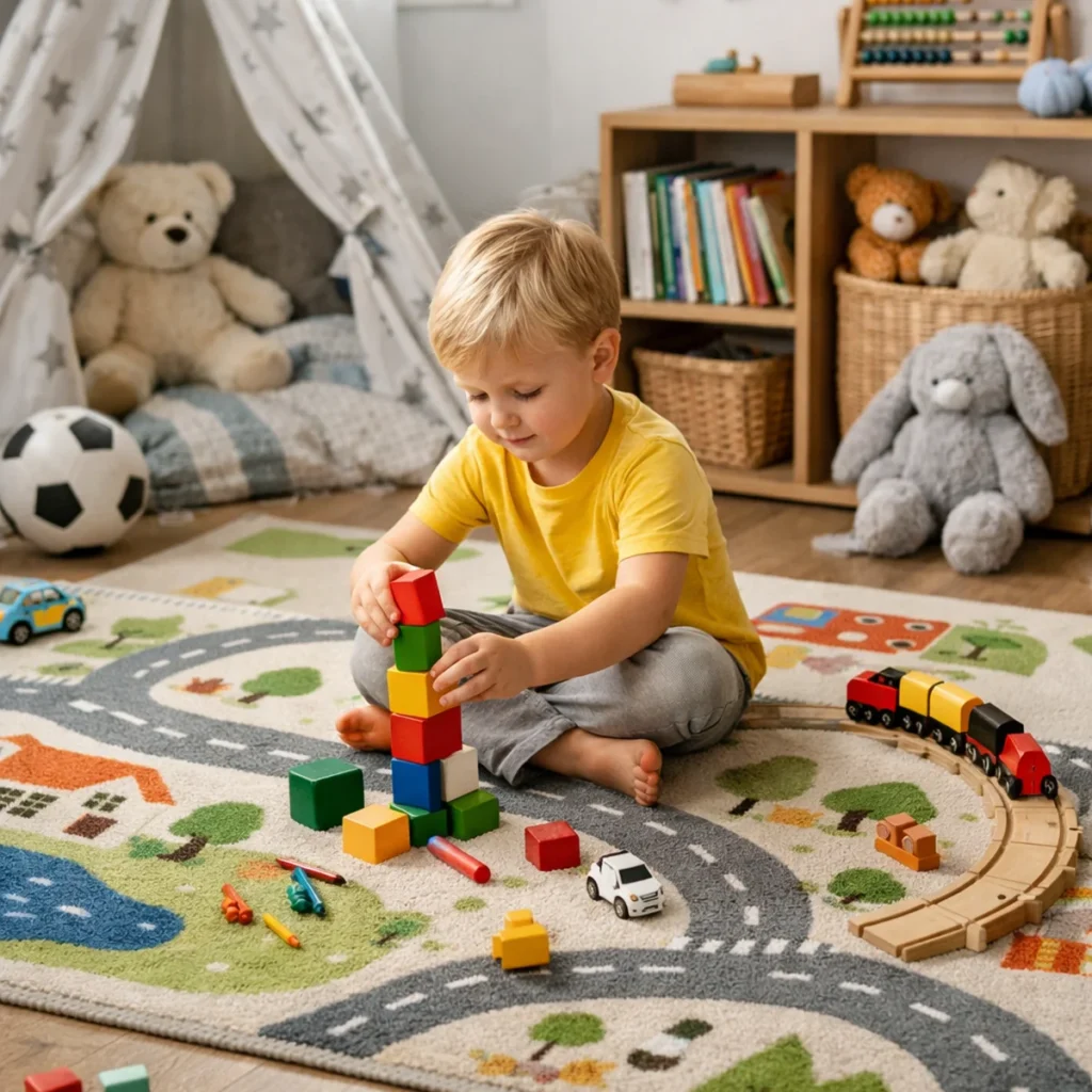 Chłopiec bawi się klockami na dywanie dziecięcym z motywem drogi w pokoju dziecka