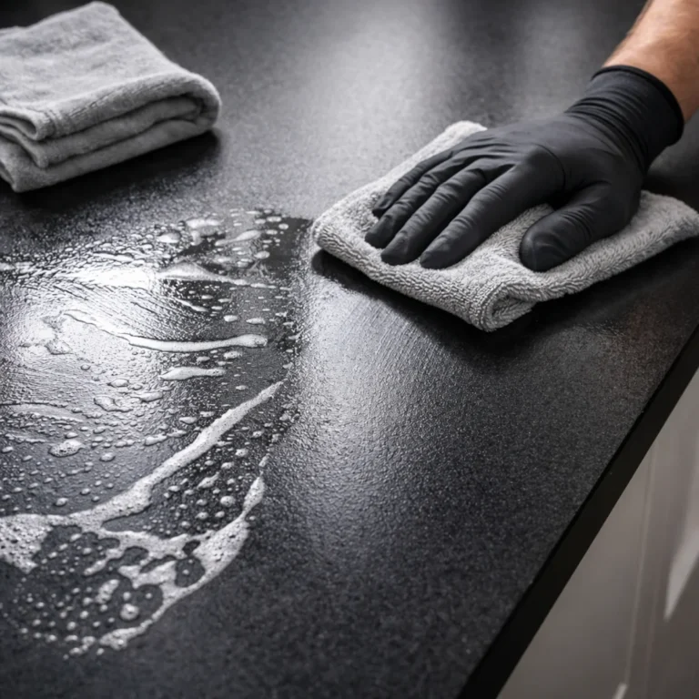 Zbliżenie na czarny blat: rękawiczka i mikrofibra usuwają smugi, widać różnicę między pianą a czystą powierzchnią