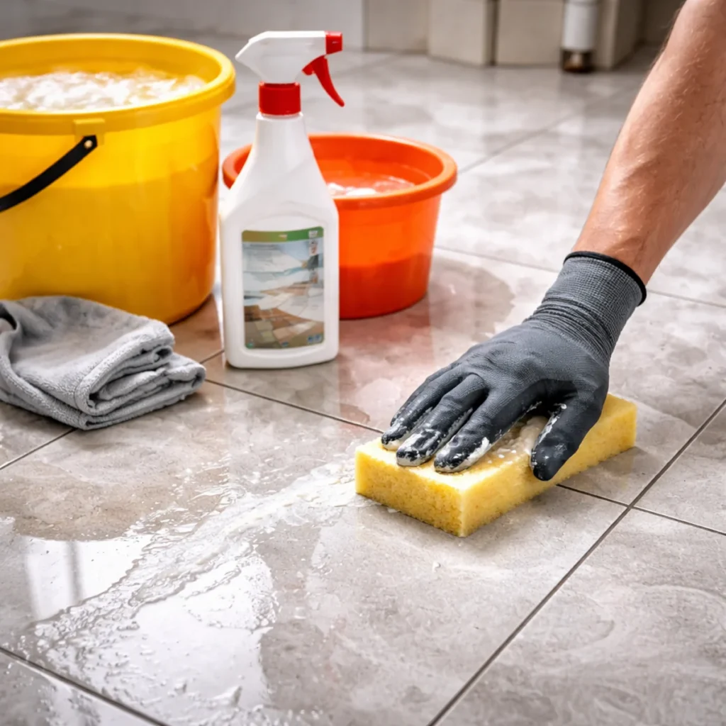 Ręka w rękawicy domywa płytki po fugowaniu gąbką, obok wiadra i preparat na nalot cementowy