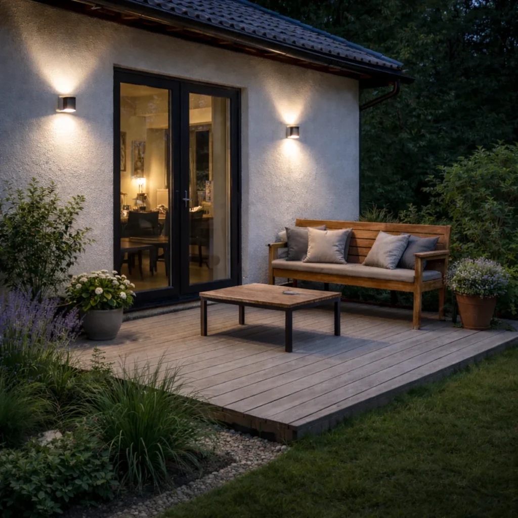 Oświetlenie na taras – dwa kinkiety LED na elewacji, drewniana ławka i stolik o zmierzchu
