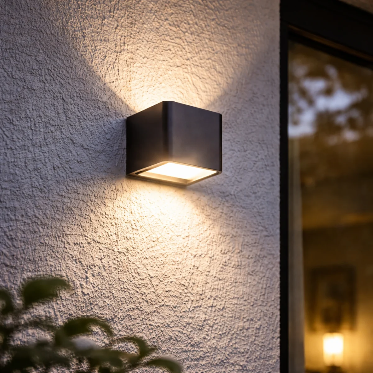 Zbliżenie na ledowy kinkiet zewnętrzny na elewacji przy tarasie, białe światło