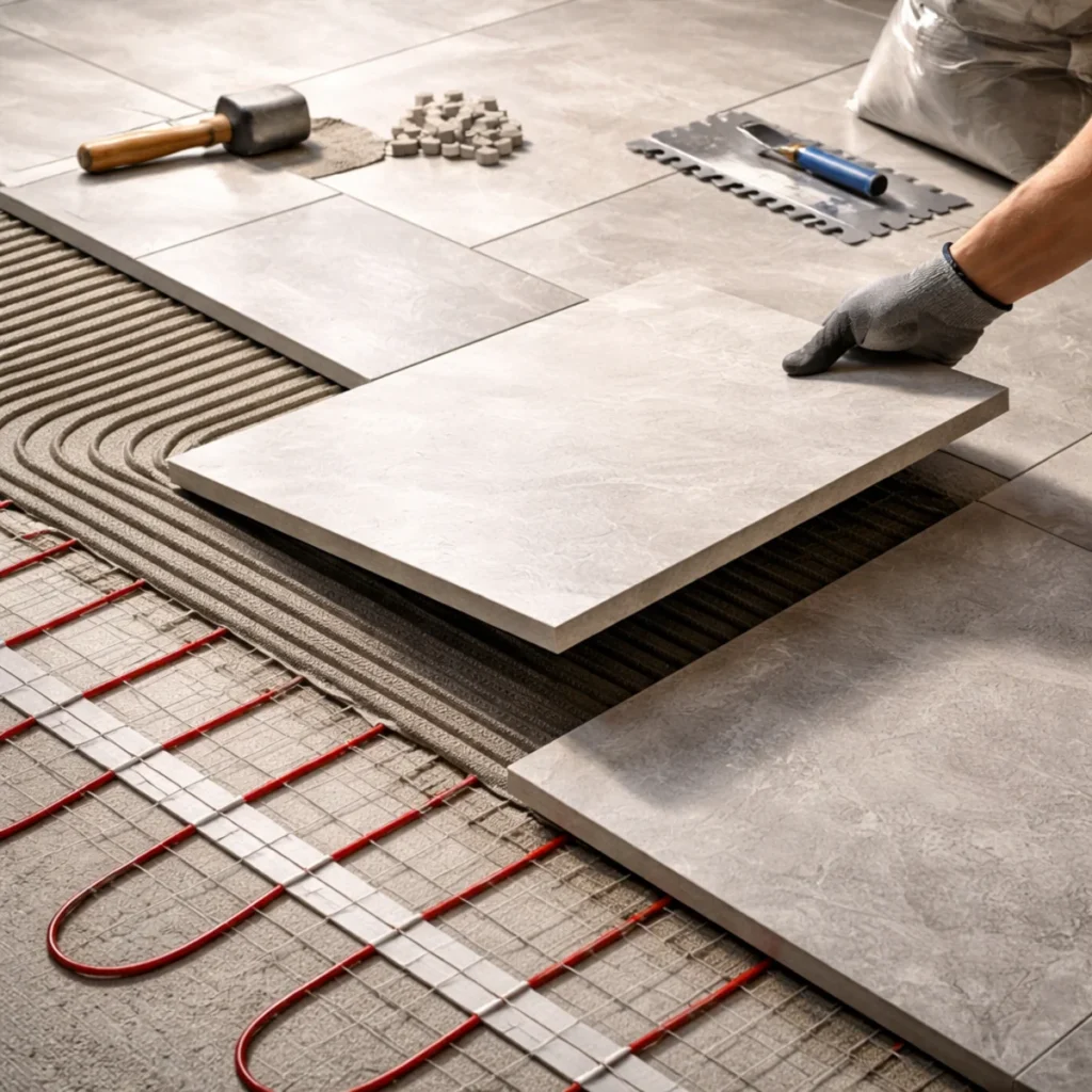 Montaż płytek na ogrzewanie podłogowe – układanie gresu na macie grzewczej z klejem, dystansami i narzędziami