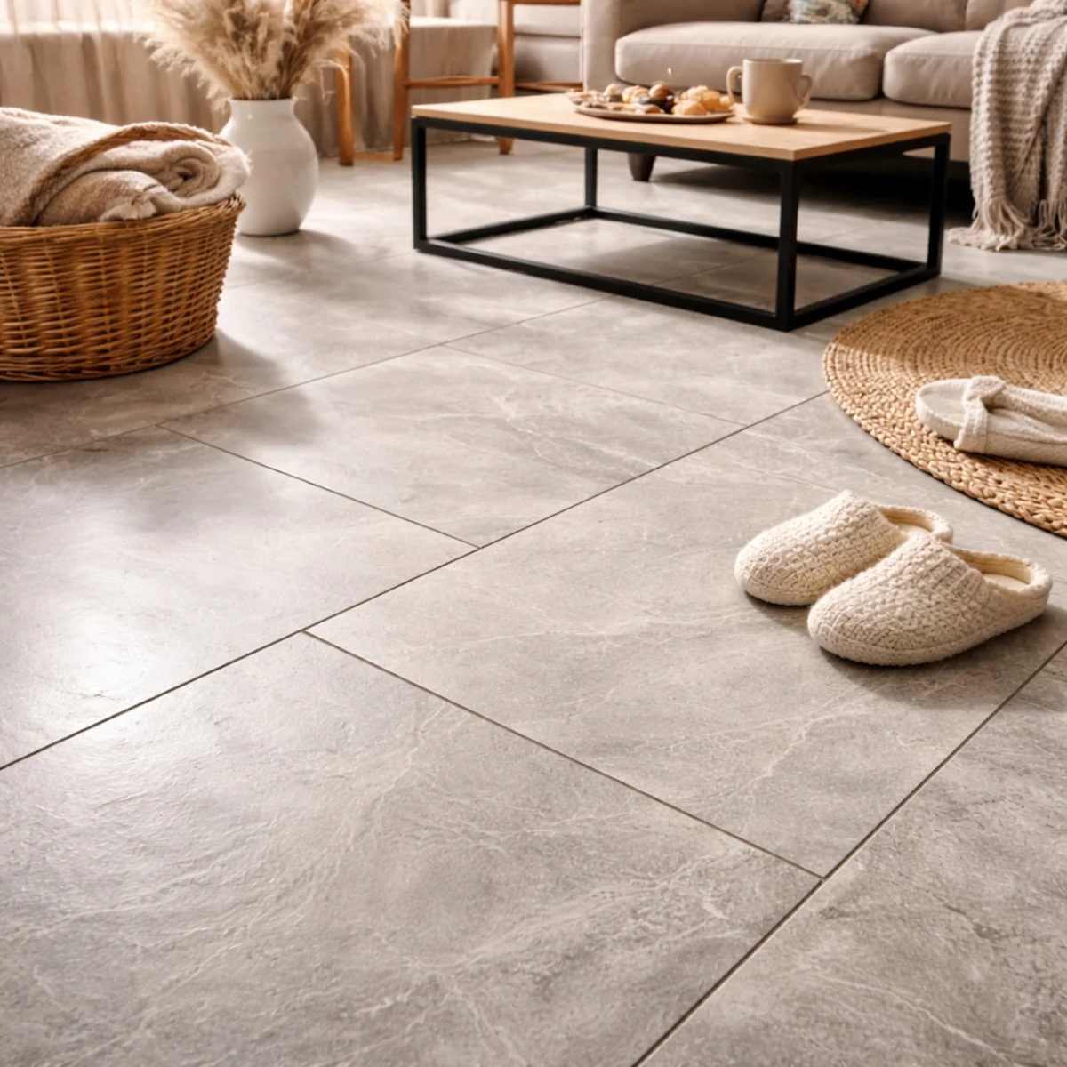 Salon z dużymi płytkami gresowymi na podłogówce – jasne płytki, dywan jutowy i kapcie na ciepłej podłodze