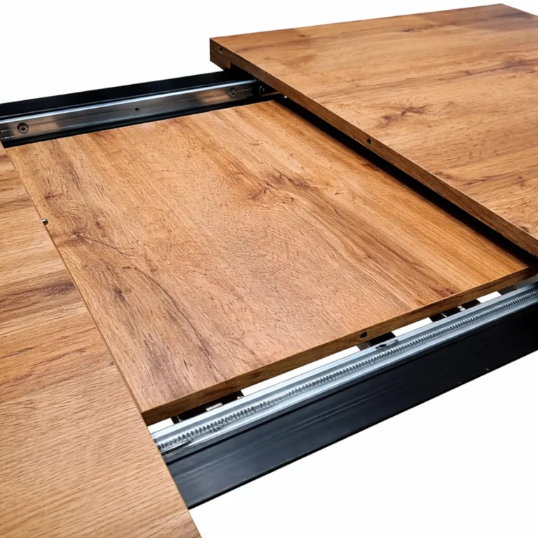 Prowadnice do stołu rozkładanego i wkładka blatu: widoczny mechanizm wysuwu oraz łączenia elementów