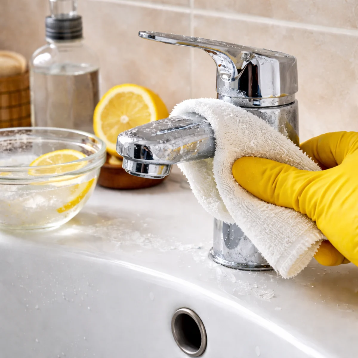 Czyszczenie chromowanej baterii łazienkowej z kamienia mikrofibrą bez zarysowań