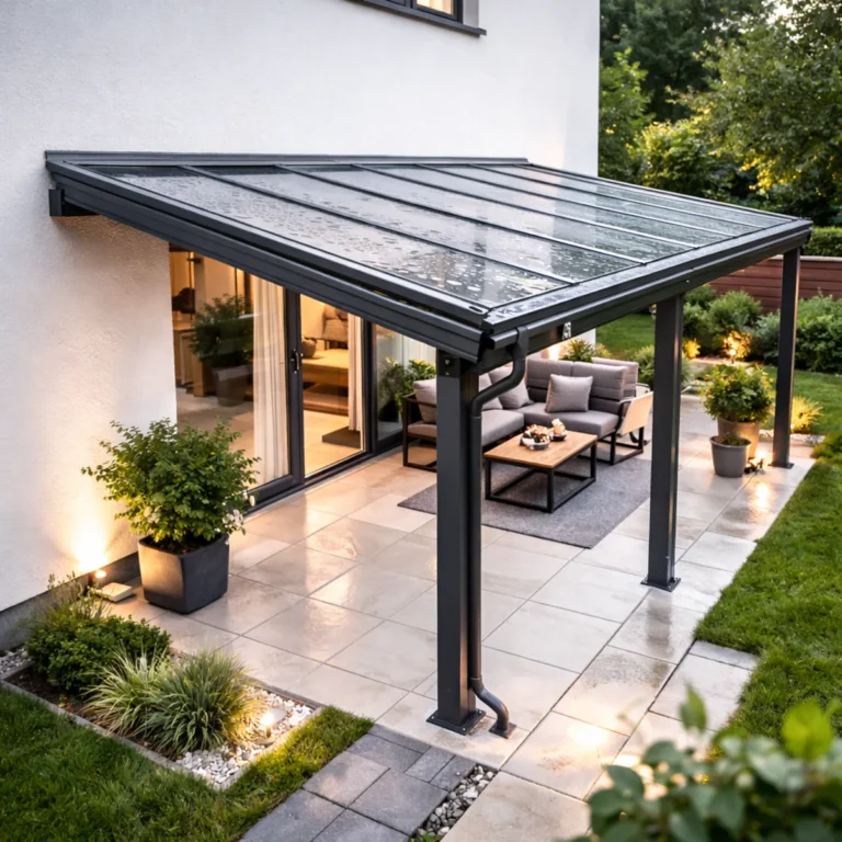 Pergola przy domu z widocznym spadkiem zadaszenia i rynną – taras po deszczu