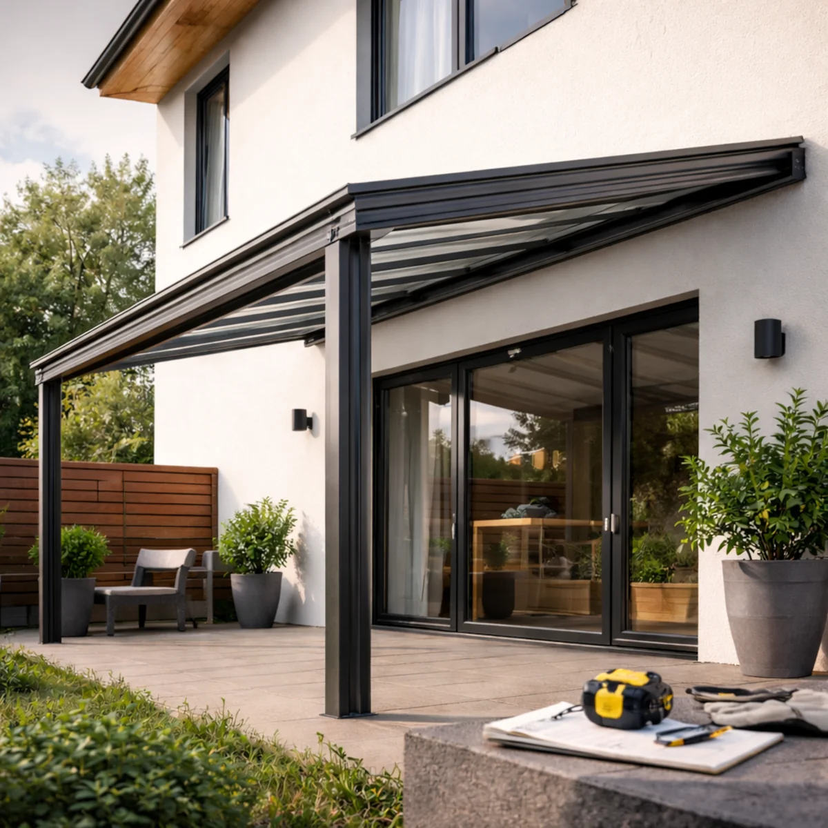 Pergola przy ścianie domu ze spadkiem dachu w stronę rynny po deszczu