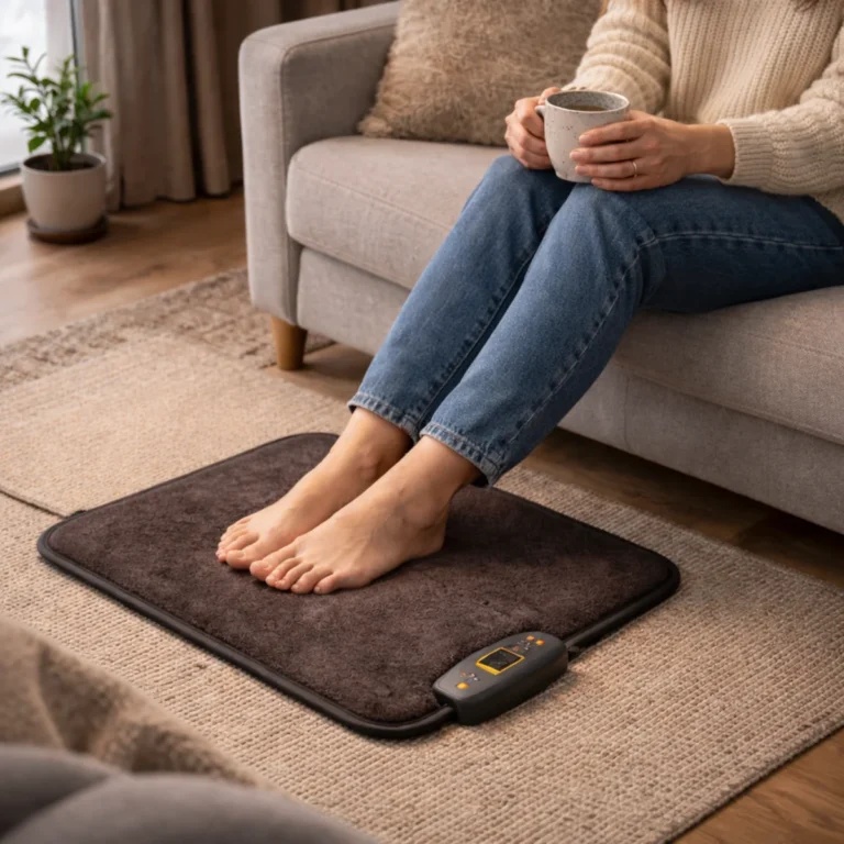 Mata grzewcza do stóp w salonie, kobieta na kanapie ogrzewa stopy na macie