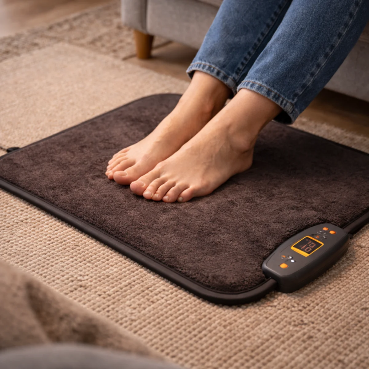 Zbliżenie na matę grzewczą do stóp na dywanie, stopy na macie w jeansach